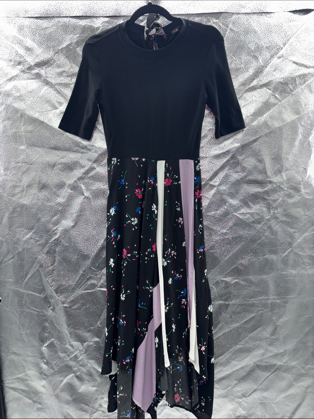 Maje Black Top with Pink and Blue Floral Neck Scarf Detail - Picture 2 of 8
